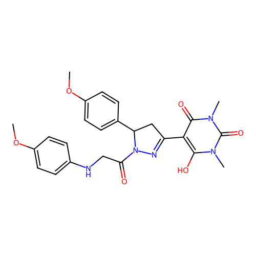 5-(5-(4-methoxyphenyl)-1-(2-((4-methoxyphenyl)amino)acetyl)pyrazolidin-3-ylidene)-1,3-dimethylpyrimidine-2,4,6(1H,3H,5H)-trione structure
