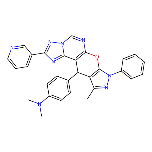 N,N-dimethyl-4-(10-methyl-8-phenyl-2-(pyridin-3-yl)-8,11-dihydropyrazolo[4',3':5,6]pyrano[3,2-e][1,2,4]triazolo[1,5-c]pyrimidin-11-yl)aniline structure