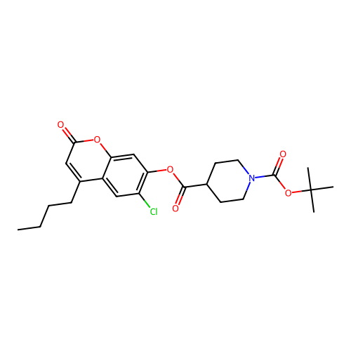 1-tert-butyl 4-(4-butyl-6-chloro-2-oxo-2H-chromen-7-yl) piperidine-1,4-dicarboxylate structure