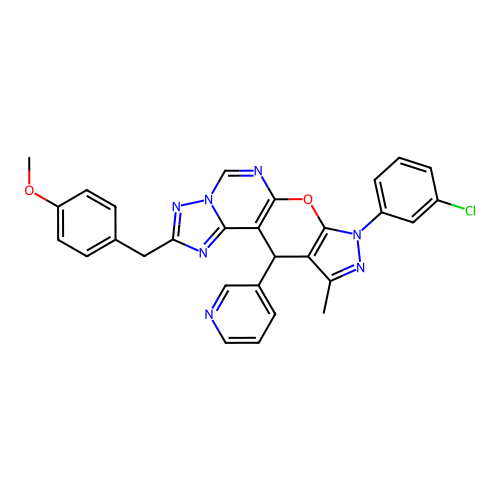 8-(3-chlorophenyl)-2-(4-methoxybenzyl)-10-methyl-11-(pyridin-3-yl)-8,11-dihydropyrazolo[4',3':5,6]pyrano[3,2-e][1,2,4]triazolo[1,5-c]pyrimidine structure