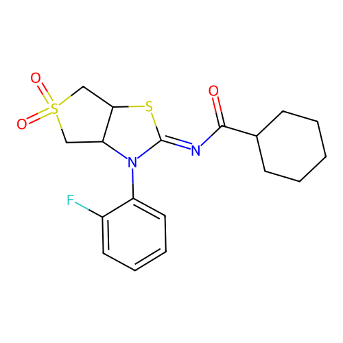 (Z)-N-(3-(2-fluorophenyl)-5,5-dioxidotetrahydrothieno[3,4-d]thiazol-2(3H)-ylidene)cyclohexanecarboxamide structure