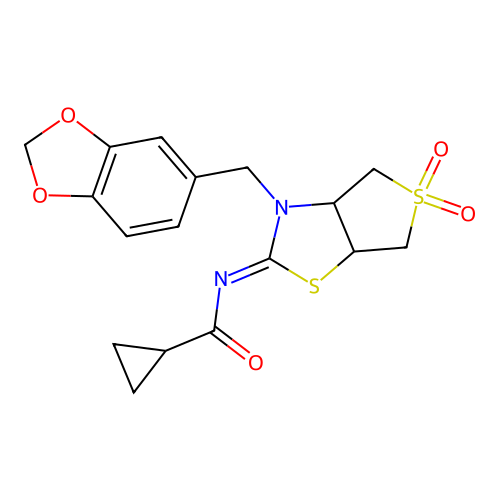 N-[(2E)-3-(1,3-benzodioxol-5-ylmethyl)-5,5-dioxidotetrahydrothieno[3,4-d][1,3]thiazol-2(3H)-ylidene]cyclopropanecarboxamide structure