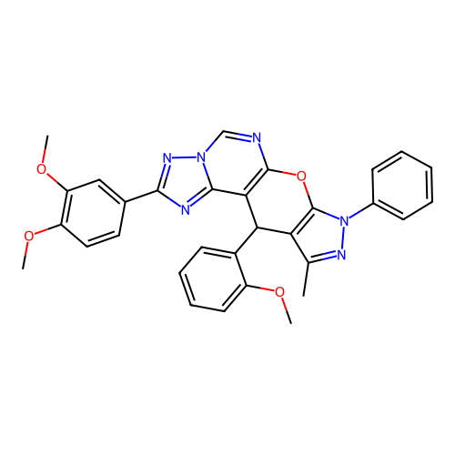 2-(3,4-dimethoxyphenyl)-11-(2-methoxyphenyl)-10-methyl-8-phenyl-8,11-dihydropyrazolo[4',3':5,6]pyrano[3,2-e][1,2,4]triazolo[1,5-c]pyrimidine structure