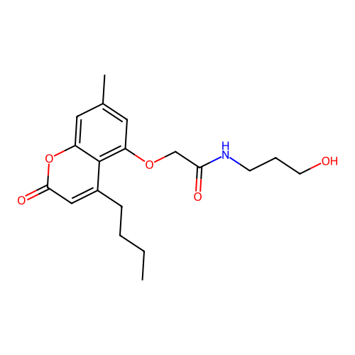2-((4-butyl-7-methyl-2-oxo-2H-chromen-5-yl)oxy)-N-(3-hydroxypropyl)acetamide structure
