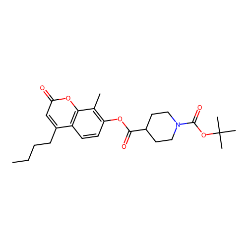 1-tert-butyl 4-(4-butyl-8-methyl-2-oxo-2H-chromen-7-yl) piperidine-1,4-dicarboxylate structure