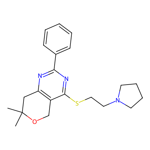 7,7-dimethyl-2-phenyl-4-((2-(pyrrolidin-1-yl)ethyl)thio)-7,8-dihydro-5H-pyrano[4,3-d]pyrimidine structure