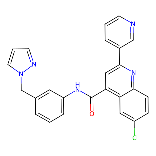 6-chloro-N-[3-(pyrazol-1-ylmethyl)phenyl]-2-pyridin-3-ylquinoline-4-carboxamide structure