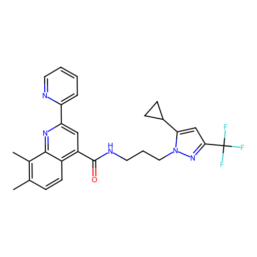N-[3-[5-cyclopropyl-3-(trifluoromethyl)pyrazol-1-yl]propyl]-7,8-dimethyl-2-pyridin-2-ylquinoline-4-carboxamide structure