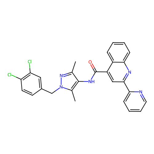 N-[1-[(3,4-dichlorophenyl)methyl]-3,5-dimethylpyrazol-4-yl]-2-pyridin-2-ylquinoline-4-carboxamide structure