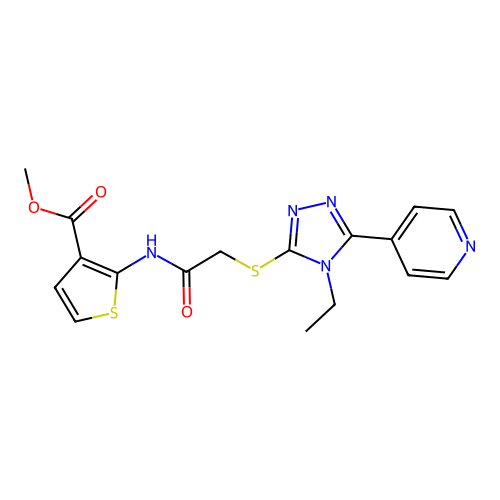 methyl 2-(2-((4-ethyl-5-(pyridin-4-yl)-4H-1,2,4-triazol-3-yl)thio)acetamido)thiophene-3-carboxylate structure