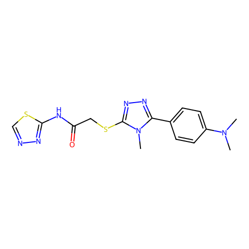 2-({5-[4-(dimethylamino)phenyl]-4-methyl-4H-1,2,4-triazol-3-yl}sulfanyl)-N-(1,3,4-thiadiazol-2-yl)acetamide structure