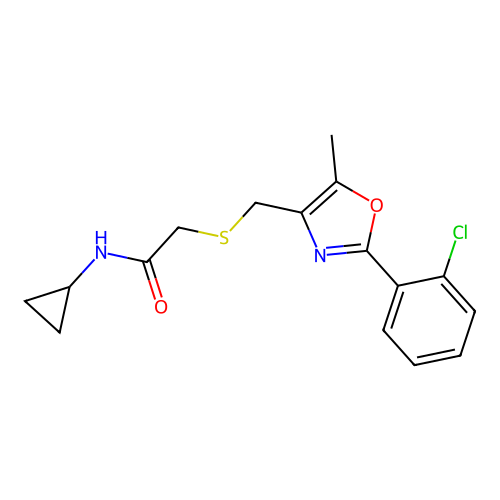 2-(((2-(2-Chlorophenyl)-5-methyloxazol-4-yl)methyl)thio)-N-cyclopropylacetamide structure