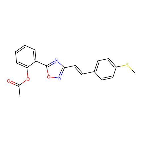(E)-2-(3-(4-(methylthio)styryl)-1,2,4-oxadiazol-5-yl)phenyl acetate structure