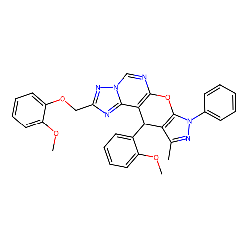 2-[(2-methoxyphenoxy)methyl]-11-(2-methoxyphenyl)-10-methyl-8-phenyl-8,11-dihydropyrazolo[4',3':5,6]pyrano[3,2-e][1,2,4]triazolo[1,5-c]pyrimidine structure