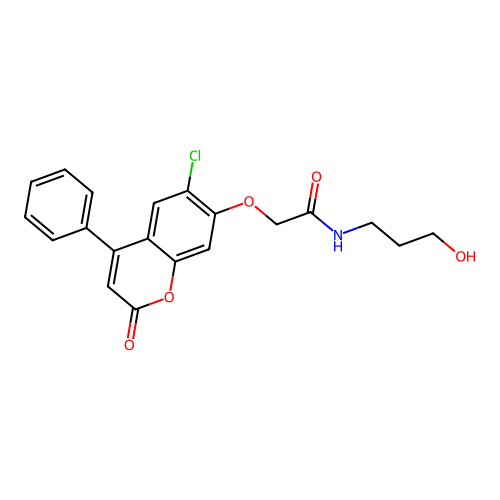 2-((6-chloro-2-oxo-4-phenyl-2H-chromen-7-yl)oxy)-N-(3-hydroxypropyl)acetamide structure