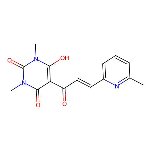 6-hydroxy-1,3-dimethyl-5-[(2E)-3-(6-methylpyridin-2-yl)prop-2-enoyl]pyrimidine-2,4(1H,3H)-dione structure
