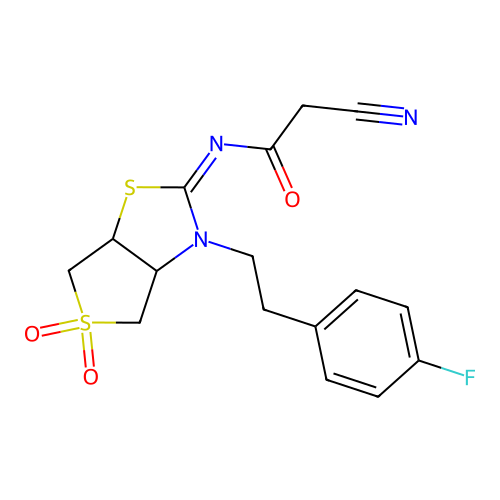 (Z)-2-cyano-N-(3-(4-fluorophenethyl)-5,5-dioxidotetrahydrothieno[3,4-d]thiazol-2(3H)-ylidene)acetamide structure