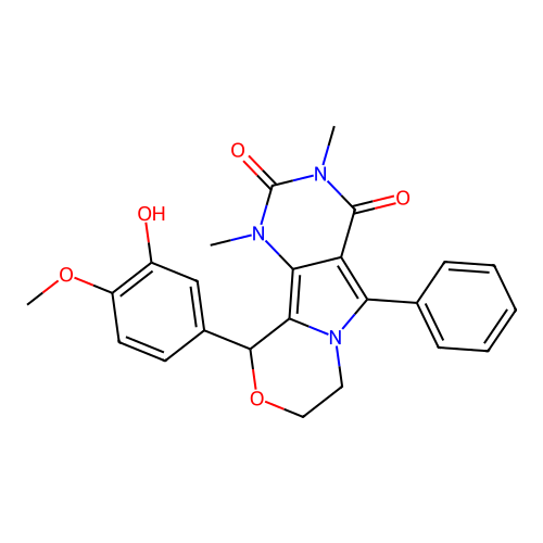 10-(3-hydroxy-4-methoxyphenyl)-1,3-dimethyl-5-phenyl-1,7,8,10-tetrahydro-2H-pyrimido[4',5':3,4]pyrrolo[2,1-c][1,4]oxazine-2,4(3H)-dione structure
