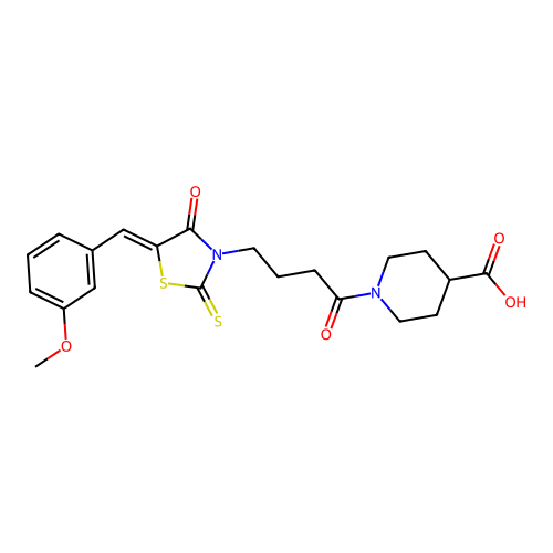 1-{4-[(5Z)-5-(3-methoxybenzylidene)-4-oxo-2-thioxo-1,3-thiazolidin-3-yl]butanoyl}piperidine-4-carboxylic acid structure