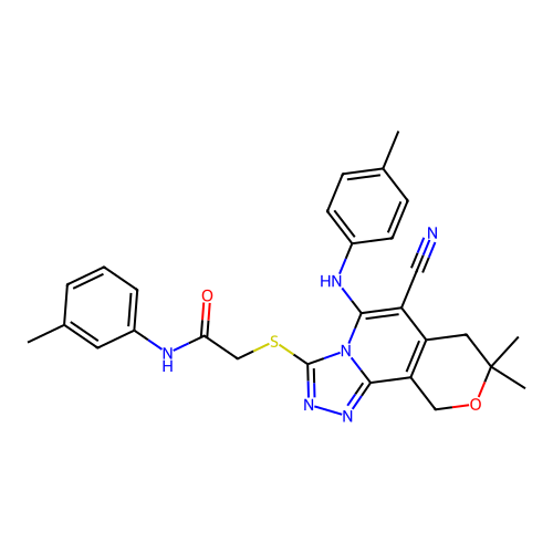 2-((6-cyano-8,8-dimethyl-5-(p-tolylamino)-8,10-dihydro-7H-pyrano[3,4-c][1,2,4]triazolo[4,3-a]pyridin-3-yl)thio)-N-(m-tolyl)acetamide structure