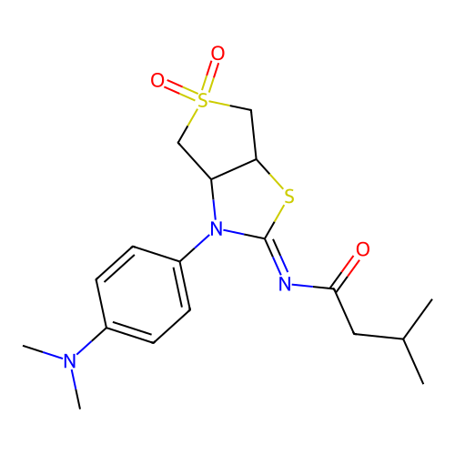 N-[(2E)-3-[4-(dimethylamino)phenyl]-5,5-dioxidotetrahydrothieno[3,4-d][1,3]thiazol-2(3H)-ylidene]-3-methylbutanamide structure