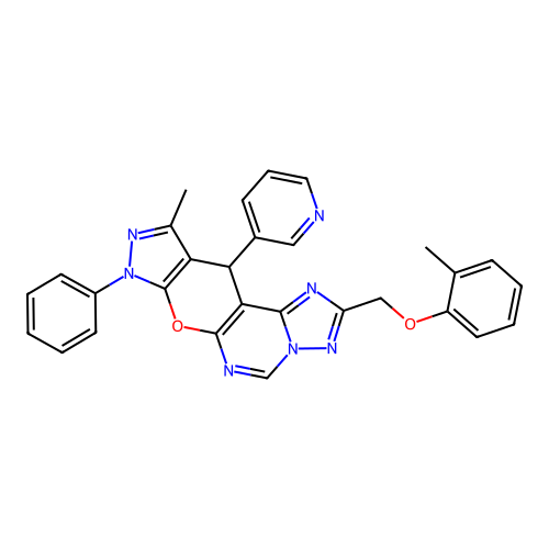 10-methyl-2-[(2-methylphenoxy)methyl]-8-phenyl-11-(pyridin-3-yl)-8,11-dihydropyrazolo[4',3':5,6]pyrano[3,2-e][1,2,4]triazolo[1,5-c]pyrimidine structure