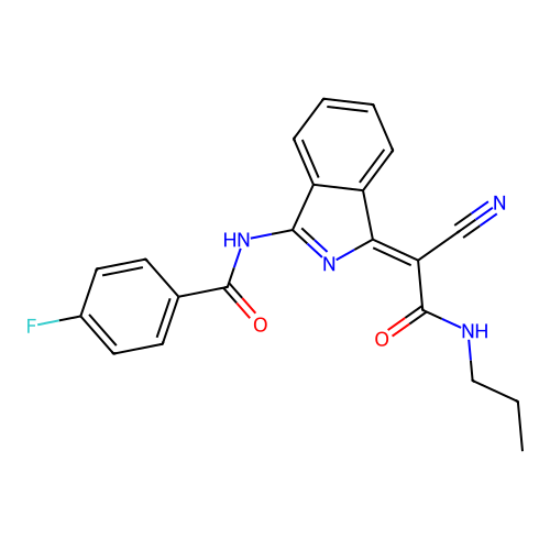 (Z)-N-(1-(1-cyano-2-oxo-2-(propylamino)ethylidene)-1H-isoindol-3-yl)-4-fluorobenzamide structure