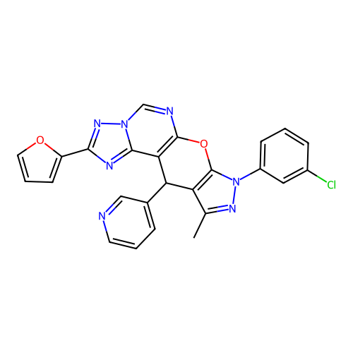 8-(3-chlorophenyl)-2-(furan-2-yl)-10-methyl-11-(pyridin-3-yl)-8,11-dihydropyrazolo[4',3':5,6]pyrano[3,2-e][1,2,4]triazolo[1,5-c]pyrimidine structure