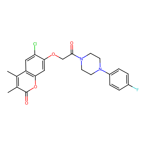 6-chloro-7-[2-[4-(4-fluorophenyl)piperazin-1-yl]-2-oxoethoxy]-3,4-dimethylchromen-2-one structure