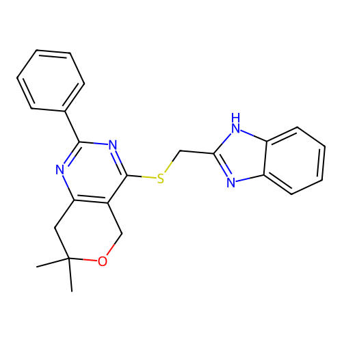 4-(((1H-benzo[d]imidazol-2-yl)methyl)thio)-7,7-dimethyl-2-phenyl-7,8-dihydro-5H-pyrano[4,3-d]pyrimidine structure