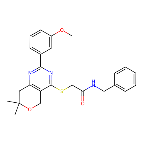 N-benzyl-2-((2-(3-methoxyphenyl)-7,7-dimethyl-7,8-dihydro-5H-pyrano[4,3-d]pyrimidin-4-yl)thio)acetamide structure