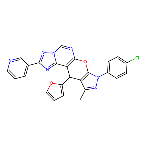 8-(4-chlorophenyl)-11-(furan-2-yl)-10-methyl-2-(pyridin-3-yl)-8,11-dihydropyrazolo[4',3':5,6]pyrano[3,2-e][1,2,4]triazolo[1,5-c]pyrimidine structure