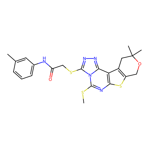 2-((10,10-dimethyl-5-(methylthio)-10,11-dihydro-8H-pyrano[4',3':4,5]thieno[3,2-e][1,2,4]triazolo[4,3-c]pyrimidin-3-yl)thio)-N-(m-tolyl)acetamide structure