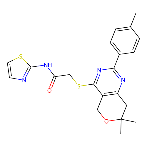 2-((7,7-dimethyl-2-(p-tolyl)-7,8-dihydro-5H-pyrano[4,3-d]pyrimidin-4-yl)thio)-N-(thiazol-2-yl)acetamide structure