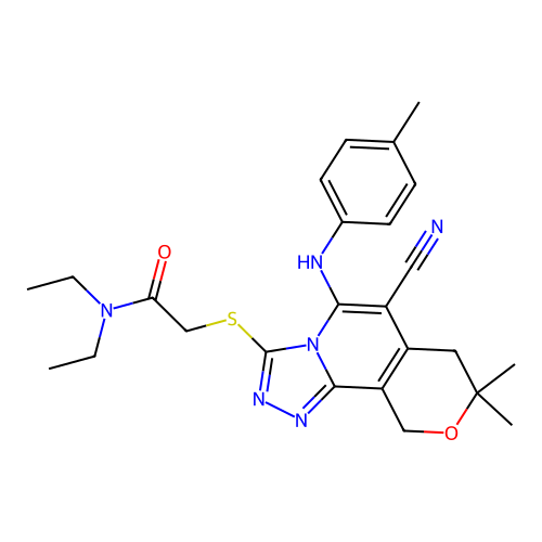 2-((6-cyano-8,8-dimethyl-5-(p-tolylamino)-8,10-dihydro-7H-pyrano[3,4-c][1,2,4]triazolo[4,3-a]pyridin-3-yl)thio)-N,N-diethylacetamide structure