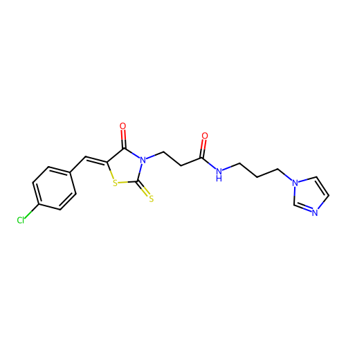 3-[(5Z)-5-[(4-chlorophenyl)methylidene]-4-oxo-2-sulfanylidene-1,3-thiazolidin-3-yl]-N-(3-imidazol-1-ylpropyl)propanamide structure