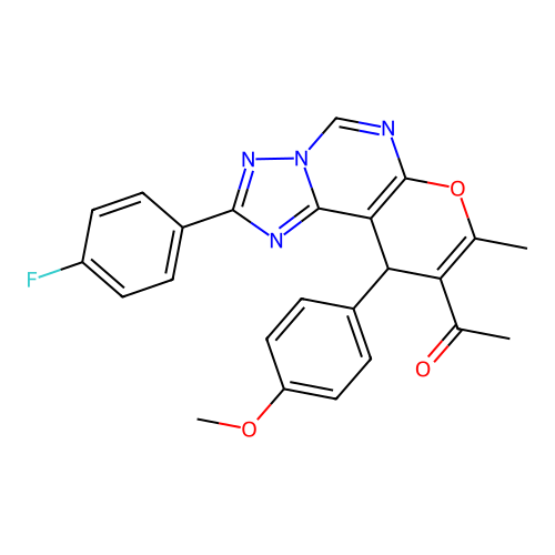 1-(2-(4-fluorophenyl)-10-(4-methoxyphenyl)-8-methyl-10H-pyrano[3,2-e][1,2,4]triazolo[1,5-c]pyrimidin-9-yl)ethanone structure