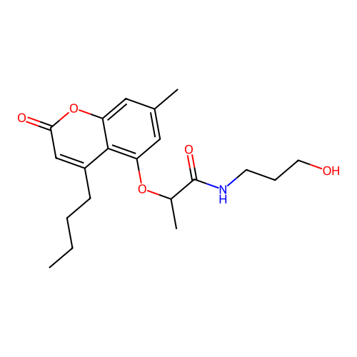 2-[(4-butyl-7-methyl-2-oxo-2H-chromen-5-yl)oxy]-N-(3-hydroxypropyl)propanamide structure