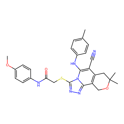 2-((6-cyano-8,8-dimethyl-5-(p-tolylamino)-8,10-dihydro-7H-pyrano[3,4-c][1,2,4]triazolo[4,3-a]pyridin-3-yl)thio)-N-(4-methoxyphenyl)acetamide structure