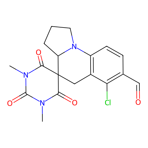 6'-chloro-1,3-dimethyl-2,4,6-trioxo-1,1',2',3,3',3a',4,6-octahydro-2H,5'H-spiro[pyrimidine-5,4'-pyrrolo[1,2-a]quinoline]-7'-carbaldehyde structure