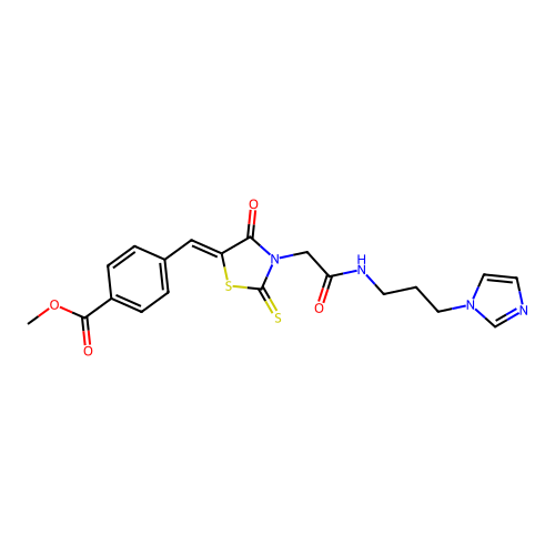 (Z)-methyl 4-((3-(2-((3-(1H-imidazol-1-yl)propyl)amino)-2-oxoethyl)-4-oxo-2-thioxothiazolidin-5-ylidene)methyl)benzoate structure