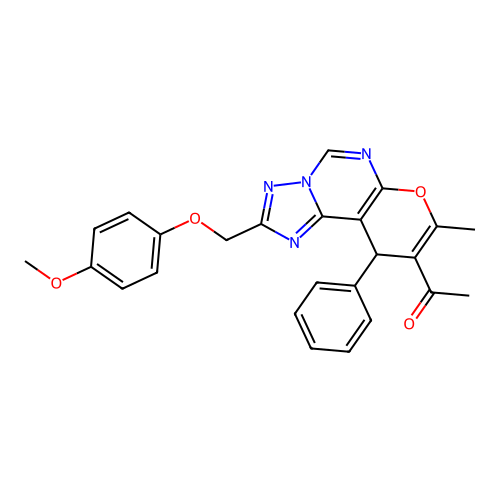 1-(2-((4-methoxyphenoxy)methyl)-8-methyl-10-phenyl-10H-pyrano[3,2-e][1,2,4]triazolo[1,5-c]pyrimidin-9-yl)ethanone structure