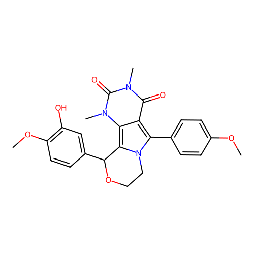 10-(3-hydroxy-4-methoxyphenyl)-5-(4-methoxyphenyl)-1,3-dimethyl-1,7,8,10-tetrahydro-2H-pyrimido[4',5':3,4]pyrrolo[2,1-c][1,4]oxazine-2,4(3H)-dione structure