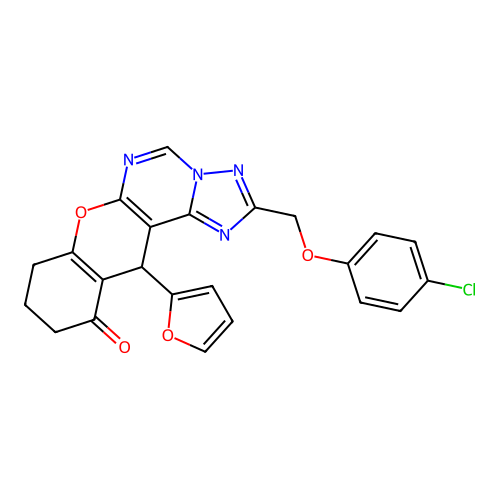 2-[(4-chlorophenoxy)methyl]-12-(furan-2-yl)-8,9,10,12-tetrahydro-11H-chromeno[3,2-e][1,2,4]triazolo[1,5-c]pyrimidin-11-one structure