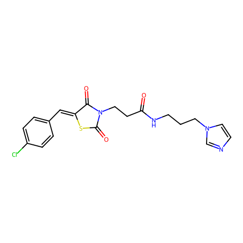 3-[(5Z)-5-(4-chlorobenzylidene)-2,4-dioxo-1,3-thiazolidin-3-yl]-N-[3-(1H-imidazol-1-yl)propyl]propanamide structure