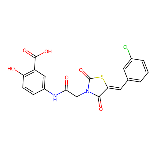 5-({[(5Z)-5-(3-chlorobenzylidene)-2,4-dioxo-1,3-thiazolidin-3-yl]acetyl}amino)-2-hydroxybenzoic acid structure