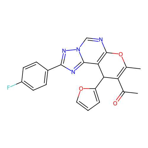 1-(2-(4-fluorophenyl)-10-(furan-2-yl)-8-methyl-10H-pyrano[3,2-e][1,2,4]triazolo[1,5-c]pyrimidin-9-yl)ethanone structure