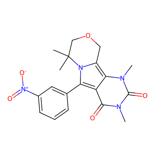 1,3,7,7-tetramethyl-5-(3-nitrophenyl)-1,7,8,10-tetrahydro-2H-pyrimido[4',5':3,4]pyrrolo[2,1-c][1,4]oxazine-2,4(3H)-dione structure