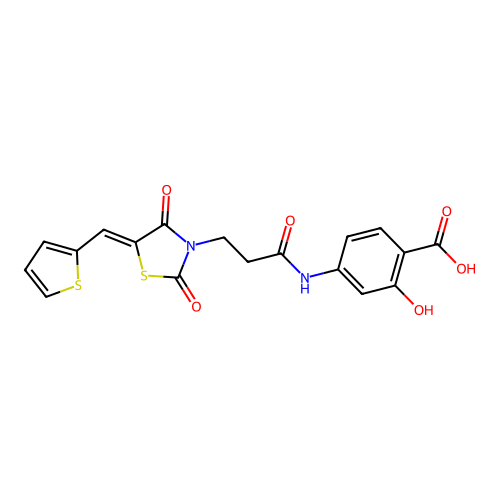 4-({3-[(5Z)-2,4-dioxo-5-(thiophen-2-ylmethylidene)-1,3-thiazolidin-3-yl]propanoyl}amino)-2-hydroxybenzoic acid structure