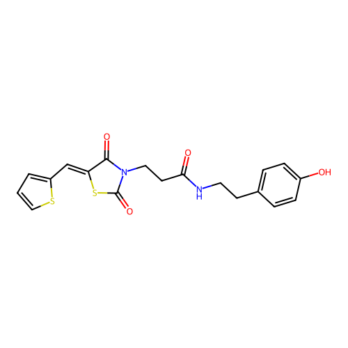 3-[(5Z)-2,4-dioxo-5-(thiophen-2-ylmethylidene)-1,3-thiazolidin-3-yl]-N-[2-(4-hydroxyphenyl)ethyl]propanamide structure